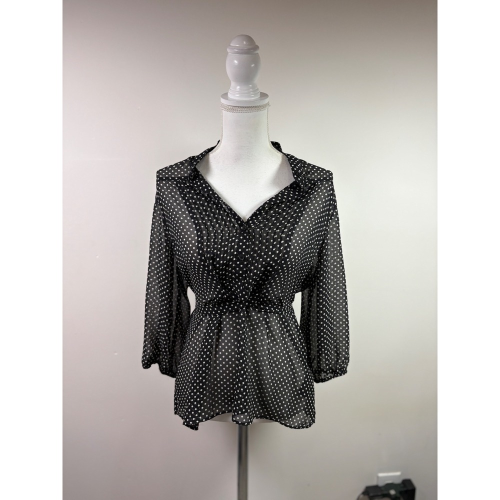 I.N. Studio Womens XL Polka Dot Sheer Peplum Blouse Black White Button Front Top